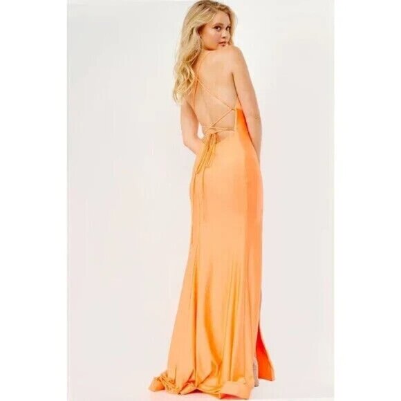 JVN By Jovani Orange High Slit Cowl Neckline Strappy Back Dress - Picture 2 of 4